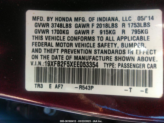 Honda Civic Sedan Lx 2014 19XFB2F5XEE053354 Image 9