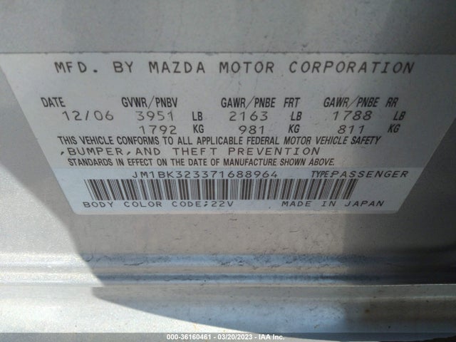 2007 MAZDA MAZDA3 VIN: JM1BK323371688964