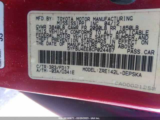 2012 TOYOTA COROLLA L/LE/S VIN: 5YFBU4EE8CP024467