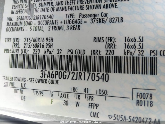 3FA6P0G72JR170540 Ford FUSION S