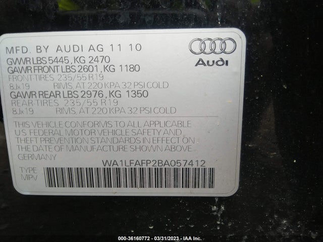 2011 AUDI Q5 2.0T PREMIUM PLUS VIN: WA1LFAFP2BA057412