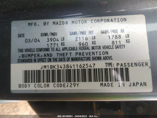 2004 MAZDA MAZDA3 S VIN: JM1BK343841162547