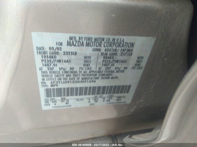 2002 MAZDA TRIBUTE LX/ES VIN: 4F2YU09102KM51696