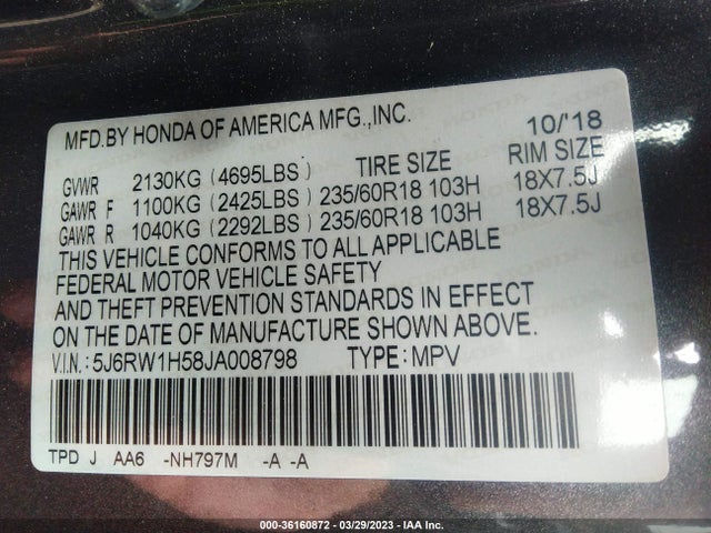 Honda CR-V EX 2018 5J6RW1H58JA008798 Image 9