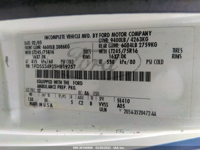 2005 FORD ECONOLINE CARGO VAN RECREATIONAL VIN: 1FDSS34P35HB19757