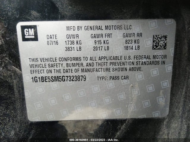Chevrolet CRUZE LT 2016 1G1BE5SM5G7323879 Image 9