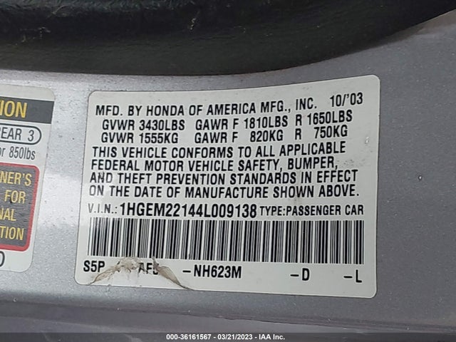 2004 HONDA CIVIC VP VIN: 1HGEM22144L009138