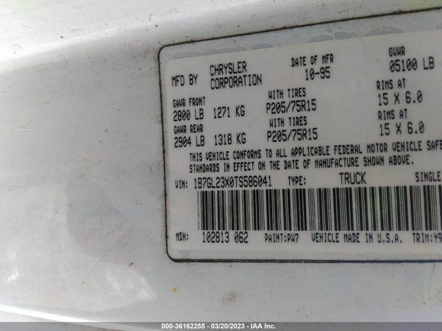 1996 DODGE DAKOTA VIN: 1B7GL23X0TS586041