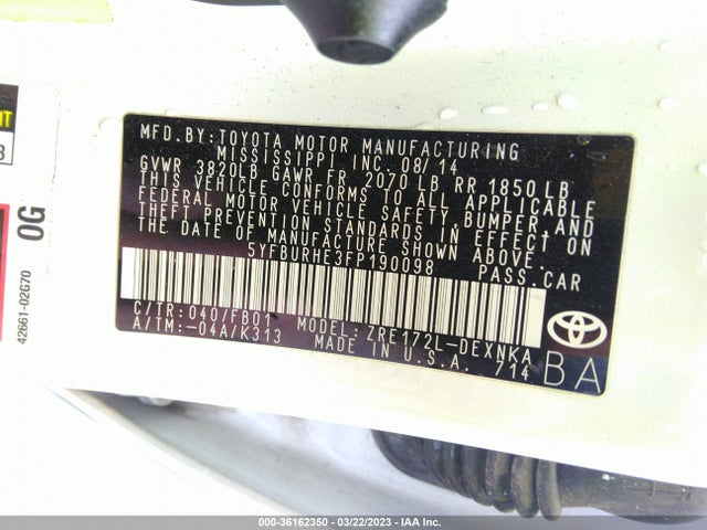 2015 TOYOTA COROLLA L/LE/S/S PLUS/LE PLUS VIN: 5YFBURHE3FP190098