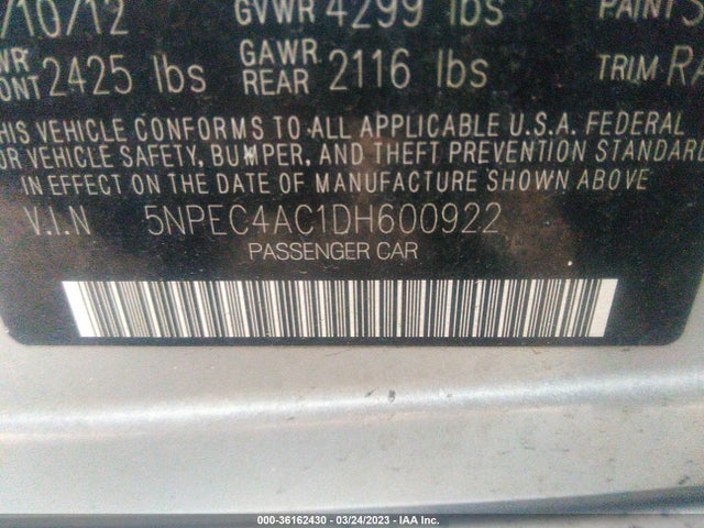 2013 HYUNDAI SONATA LIMITED PZEV VIN: 5NPEC4AC1DH600922