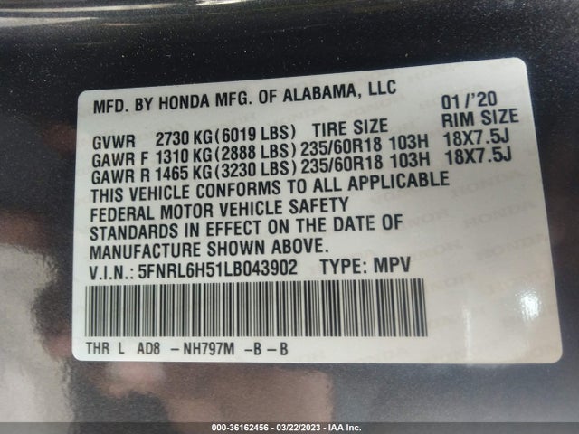 Honda ODYSSEY EX 2020 5FNRL6H51LB043902 Image 9