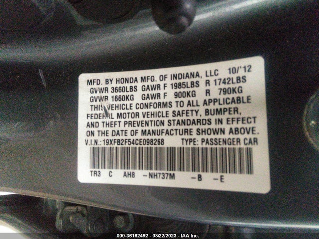 2012 HONDA CIVIC SDN LX VIN: 19XFB2F54CE098268