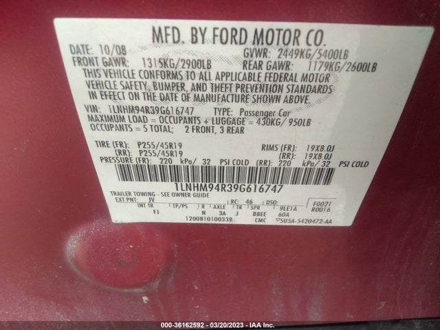 2009 LINCOLN MKS VIN: 1LNHM94R39G616747