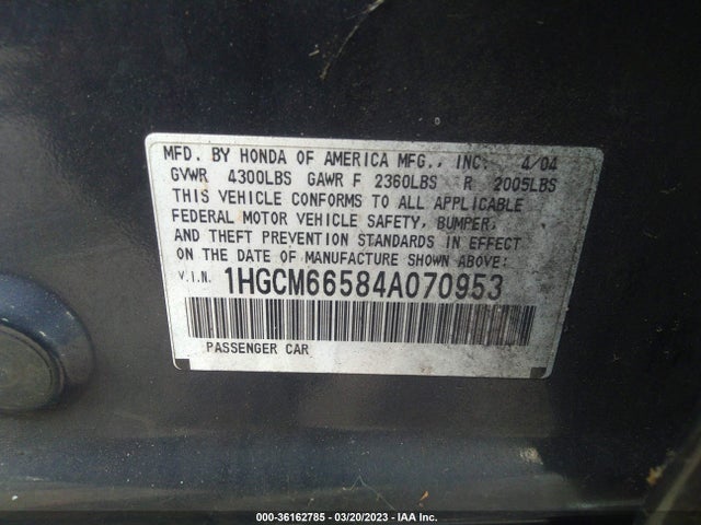 2004 HONDA ACCORD SDN EX VIN: 1HGCM66584A070953