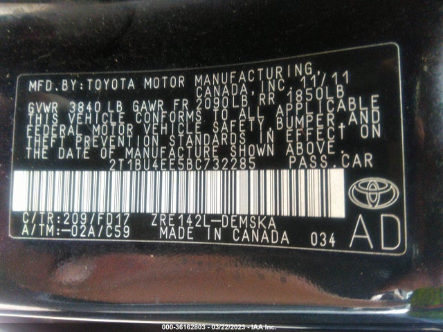2011 TOYOTA COROLLA L/LE/S VIN: 2T1BU4EE5BC732285
