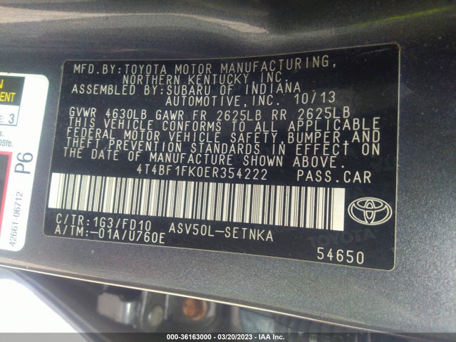 2014 TOYOTA CAMRY L/LE/XLE/SE/SE SPORT VIN: 4T4BF1FK0ER354222