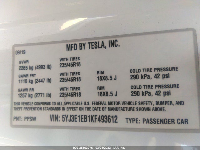 Tesla Model 3 Long Range/performance 2019 5YJ3E1EB1KF493612 Image 10