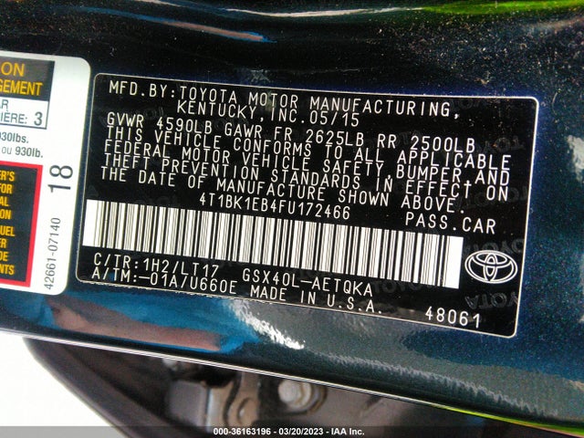 Toyota AVALON LIMITED 2015 4T1BK1EB4FU172466 Image 10