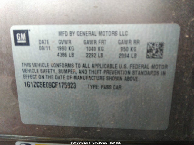 2012 CHEVROLET MALIBU LT W/1LT VIN: 1G1ZC5E09CF175023