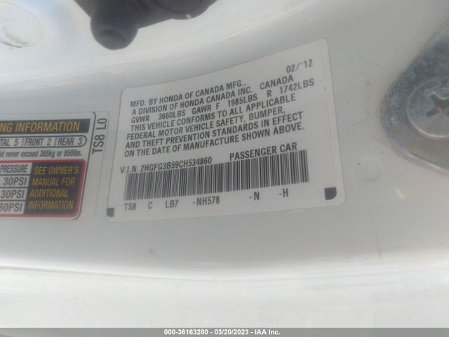 2012 HONDA CIVIC CPE LX VIN: 2HGFG3B59CH534860