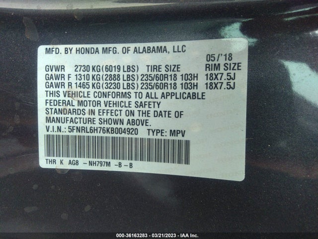 2019 HONDA ODYSSEY EX-L VIN: 5FNRL6H76KB004920