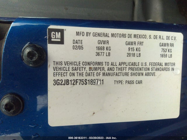 2005 PONTIAC SUNFIRE VIN: 3G2JB12F75S189711