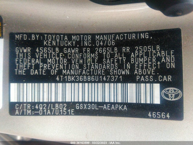2006 TOYOTA AVALON XL/TOURING/XLS/LIMITED VIN: 4T1BK36B86U147371
