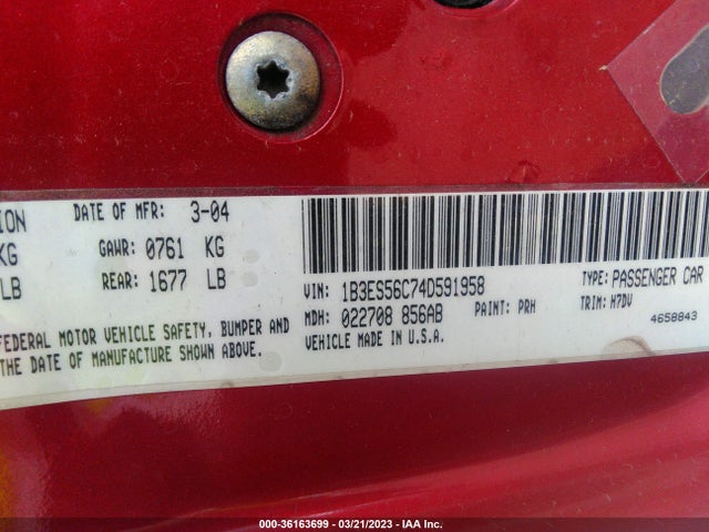 2004 DODGE NEON SXT VIN: 1B3ES56C74D591958