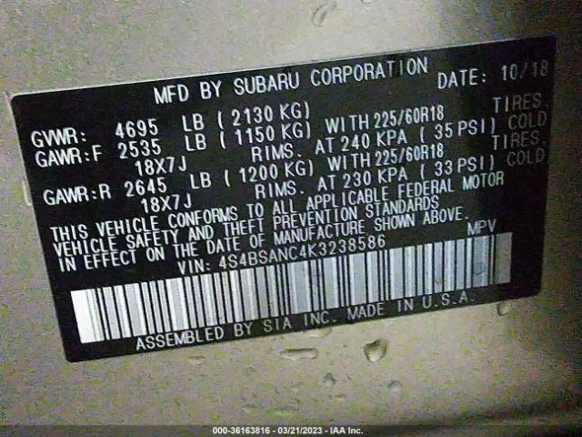 4S4BSANC4K3238586 Subaru Outback Limited