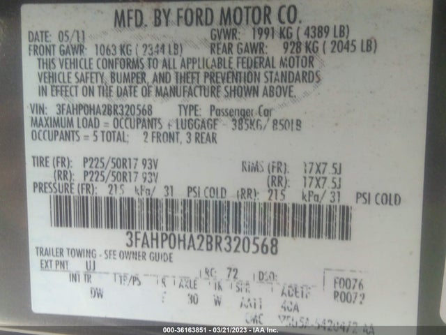 Aukcja sprzedaży 2011 Ford Fusion Se, vin: 3FAHP0HA2BR320568, numer aukcji: 36163851