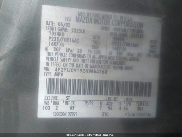 2002 MAZDA TRIBUTE LX/ES VIN: 4F2YU09192KM64768