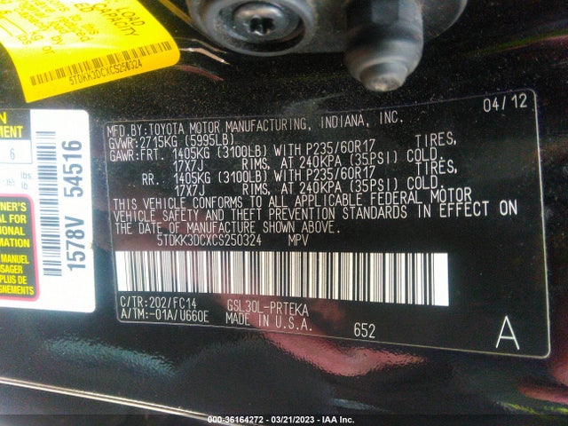 2012 TOYOTA SIENNA LE VIN: 5TDKK3DCXCS250324