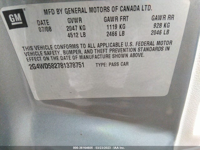 2008 BUICK LACROSSE CXL VIN: 2G4WD582781378751