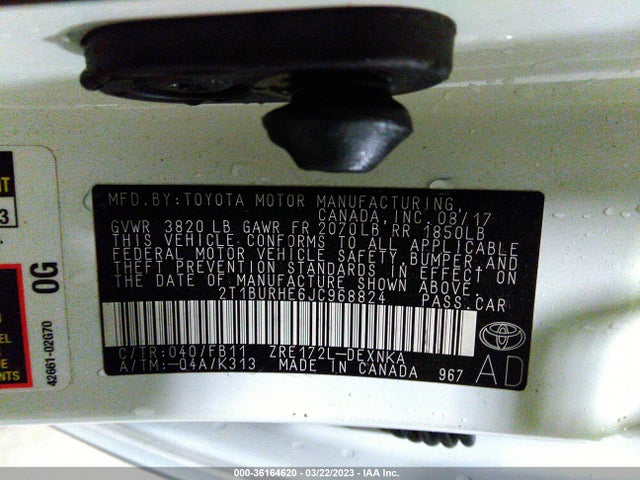 2018 TOYOTA COROLLA L/LE/XLE/SE/XSE VIN: 2T1BURHE6JC968824