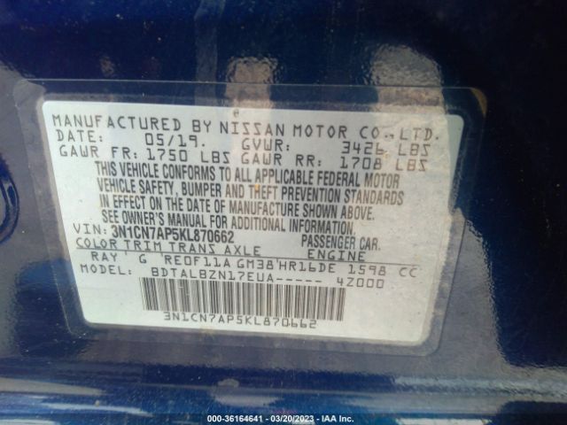 3N1CN7AP5KL870662 Nissan Versa Sedan Sv