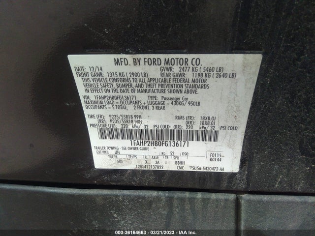 Ford TAURUS SEL 2015 1FAHP2H80FG136171 Image 10