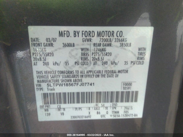 2007 LINCOLN MARK LT VIN: 5LTPW18567FJ07741