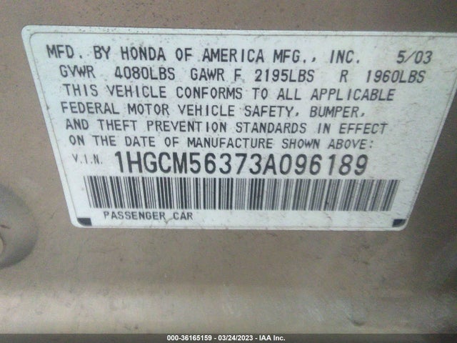 2003 HONDA ACCORD SDN LX VIN: 1HGCM56373A096189