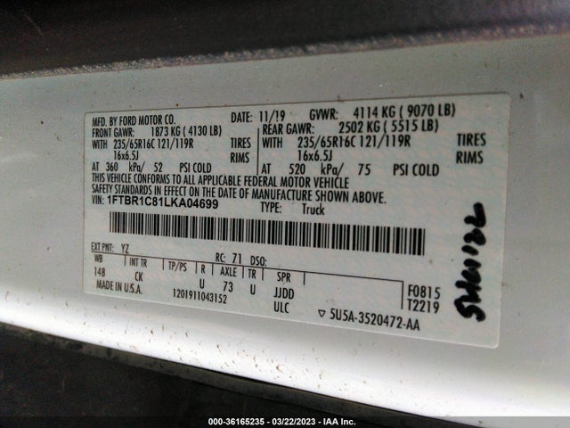 Ford TRANSIT CARGO VAN 2020 1FTBR1C81LKA04699 Image 9
