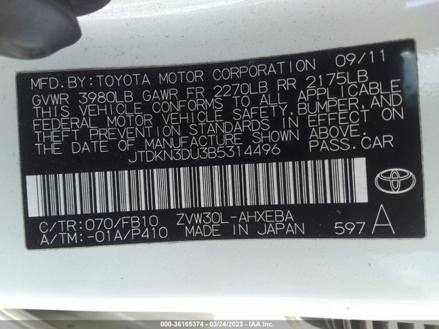 2011 TOYOTA PRIUS I/II/III/IV/V VIN: JTDKN3DU3B5314496