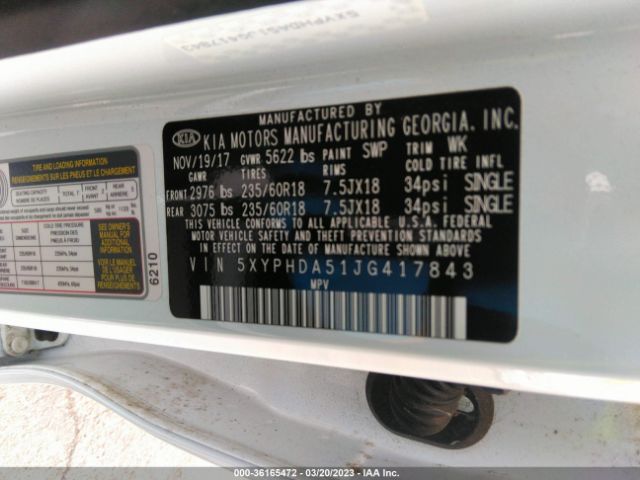 5XYPHDA51JG417843 KIA Sorento Ex V6