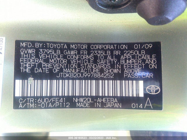 Aukcja sprzedaży 2009 Toyota Prius, vin: JTDKB20U997884252, numer aukcji: 36165523