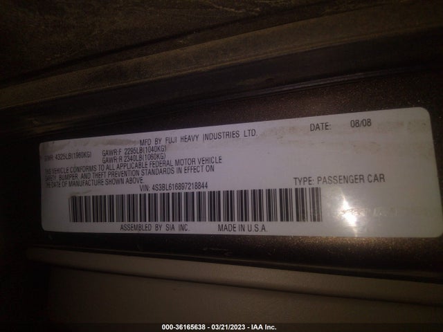 2009 SUBARU LEGACY SPECIAL EDITION VIN: 4S3BL616897218844