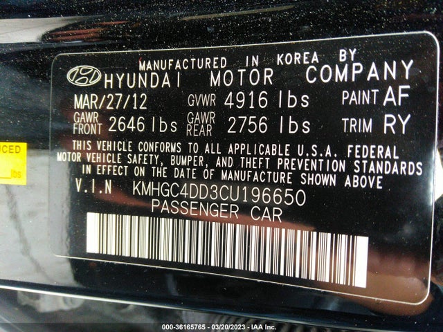 2012 HYUNDAI GENESIS 3.8L VIN: KMHGC4DD3CU196650