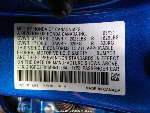 2021 HONDA CIVIC SEDAN SPORT VIN: 2HGFC2F81MH549364