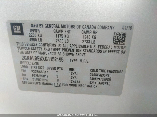2016 CHEVROLET EQUINOX LS VIN: 2GNALBEKXG1152195
