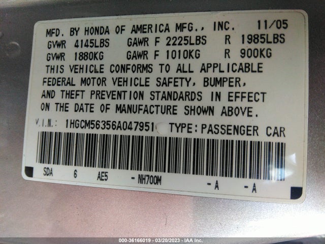 2006 HONDA ACCORD SDN LX SE VIN: 1HGCM56356A047951