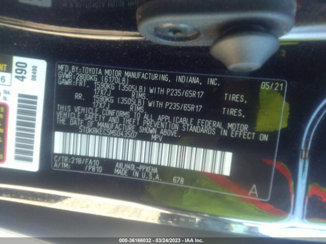 2021 TOYOTA SIENNA LE VIN: 5TDKRKEC5MS043507