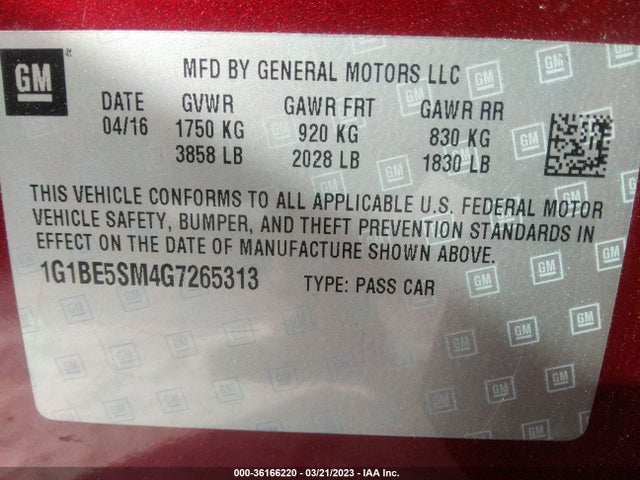 Chevrolet CRUZE LT 2016 1G1BE5SM4G7265313 Image 9