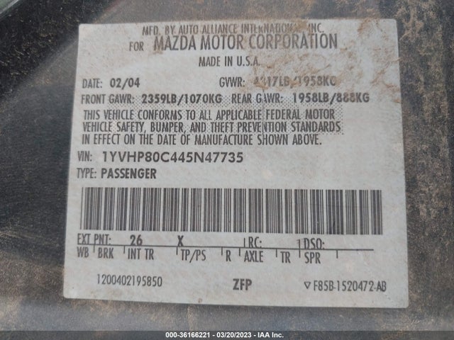 2004 MAZDA MAZDA6 I VIN: 1YVHP80C445N47735